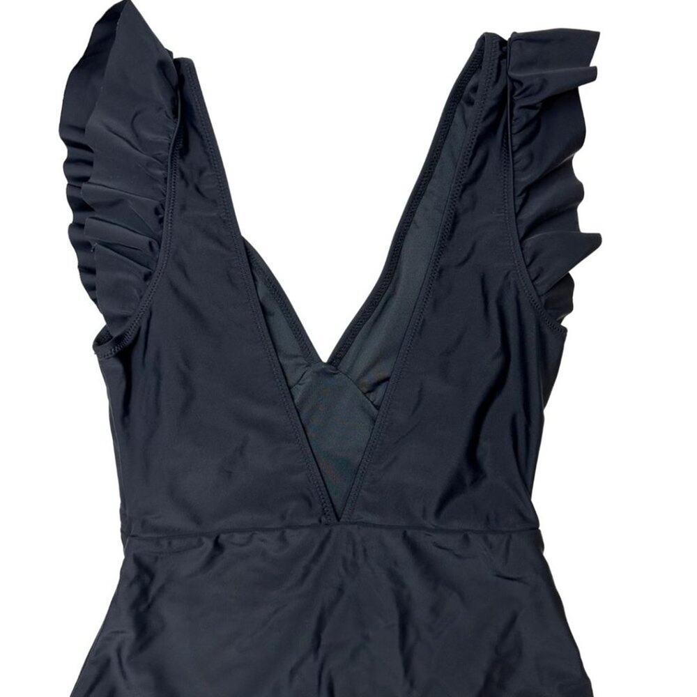 CUPSHE One Piece Swimsuit V Neck Ruched Ruffle Shoulder Black M - Picture 2 of 6